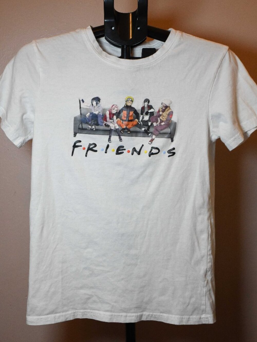 Unisex Small Hanes White Naruto x Friends Graphic Parody Anime Show T Shirt Rare